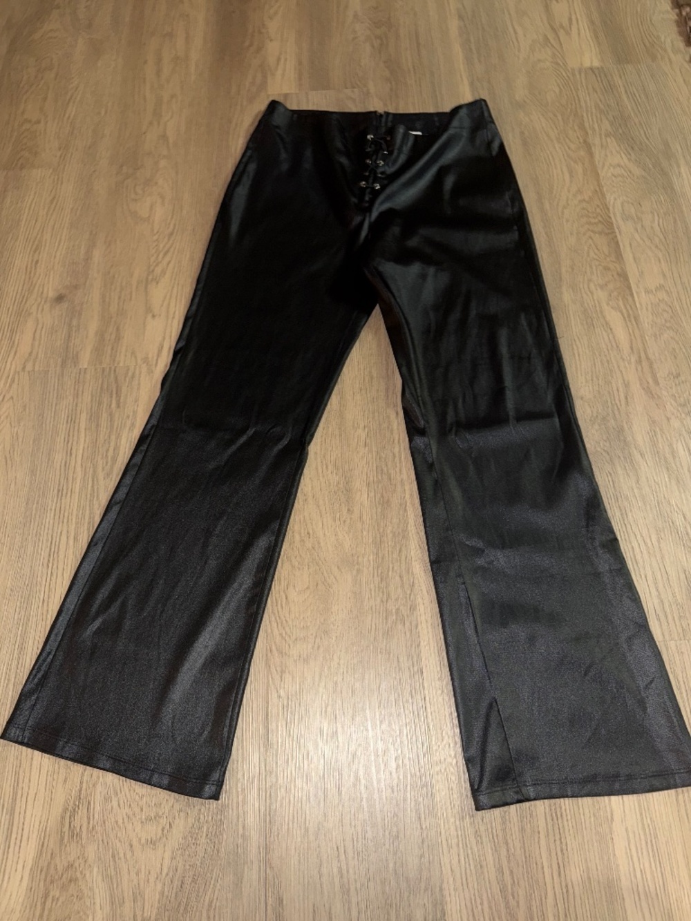 Y2K Black Shiny Corset Lace Up Flare Pants Goth Rockstar USA Size 13